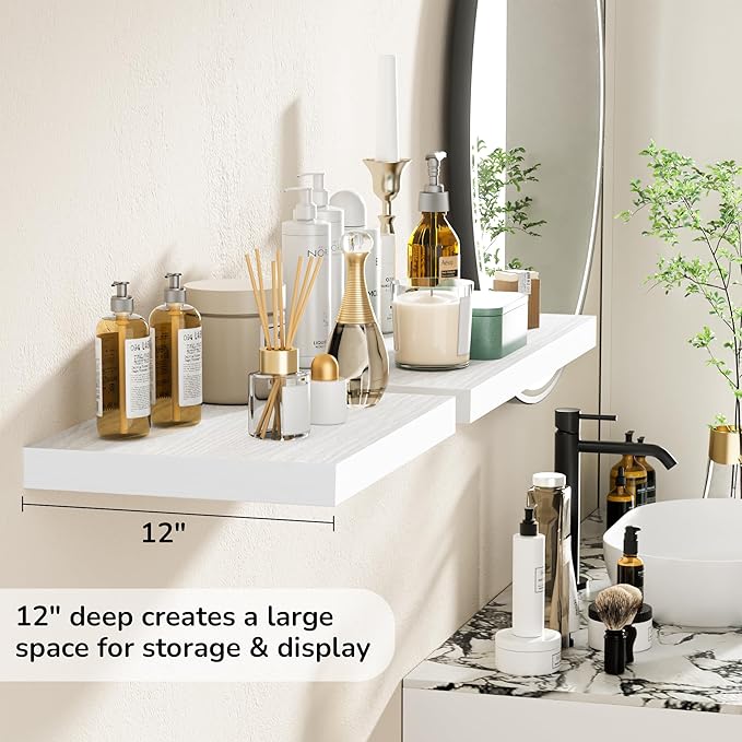 Fun Memories Floating Shelves - 2 Pack 12 Inch Deep Rustic Wooden Wall Shelves - Extra Deeper & Thicker Wall Mounted Storage Shelf for Living Room, Kitchen, Farmhouse - 16" W x 12" D x 1.5" H - White-Ruum Studio Home
