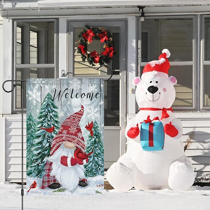 Heyfibro Welcome Christmas Garden Flag Winter Gnome Garden Flags 12x18 Double Sided Burlap Cardinals Snowflakes Snow Garden Yard Flags for Seasonal Outside Outdoor House Decoration (ONLY FLAG)-Ruum Studio Home