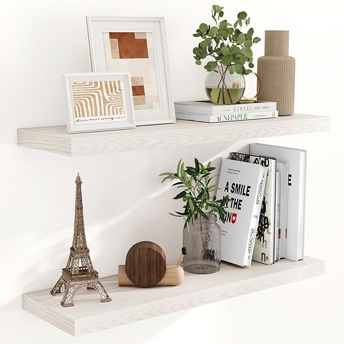 Fun Memories Rustic Wood Floating Shelves for Wall, 36 x 9 Wall Shelves Set of 2, Deep Floating Shelf for Kitchen, Living Room Storage & Display, Deep Wooden Bookshelf, Brich Color-Ruum Studio Home