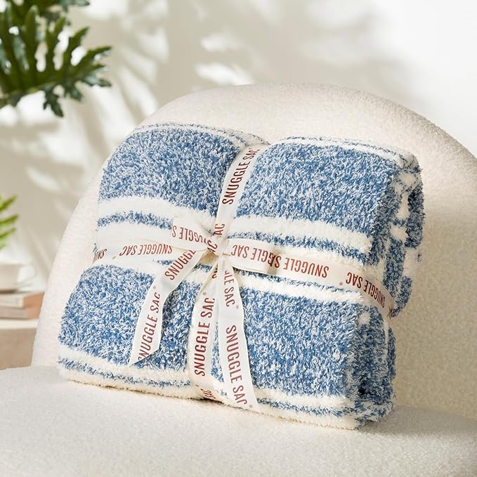 Snuggle Sac Knitted Throw Blanket for Couch, Reversible Super Soft Microfiber Blankets Warm Cozy Knit Fuzzy Plush Lightweight Throws for Sofa, Bed, Camping, Picnic, Stripe Blue, 50 x 60 inches-Ruum Studio Home
