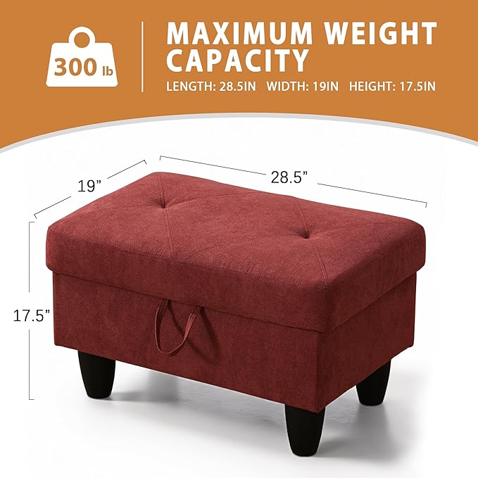 Ottoman Rectangular Storage Ottoman Bench, Flannel Footrest Stool Footstool with Lid for Living Room, Bedroom, Entryway, Red, 28.5"x19"x17.5"-Ruum Studio Home