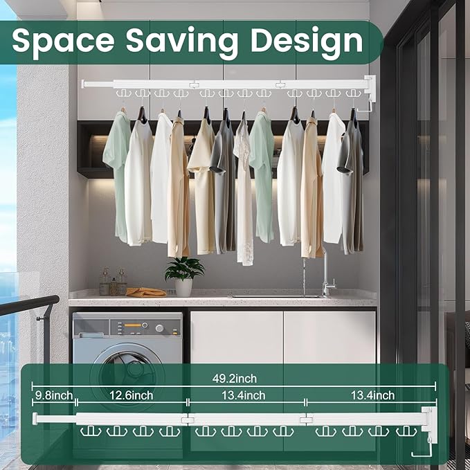 Wall Mounted Clothes Drying Rack, Laundry Drying Rack Wall Mount, 3-Fold Drying Rack Clothing, Foldable Clothes Drying Rack with 12 Dual Hooks Organization for Laundry Room Indoor - White-Ruum Studio Home