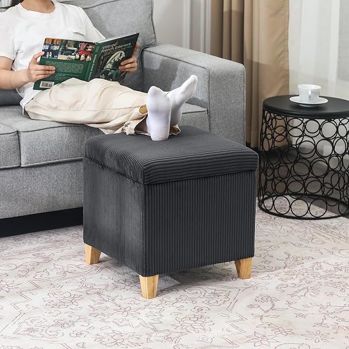 Adeco 18 Inch High Faux Fur Grey Cube Ottoman Storage, Fluffy Striped Velvet Chair Foot Stools, Small Bench Upholstered Vanity Stool with Hinged Lid, Solid Wood Legs-Ruum Studio Home