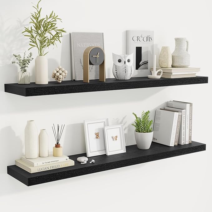 Fun Memories 48 Inch Deep Floating Shelves for Wall, 2 Pack of Long Wall Mounted Wood Shelves with Invisible Brackets for Bathroom, Bedroom, Living Room, Kitchen Decor and Storage, Black-Ruum Studio Home