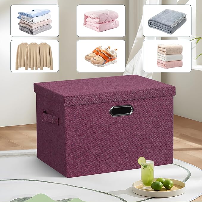 Large 17" 36 Quart Collapsible Stackable Storage Bins with Lids, 3 Packs Purple Linen Fabric Closet Boxes with Lids, Storage Cube Baskets Container Organizers for Bedroom Office (17x12x11)-Ruum Studio Home