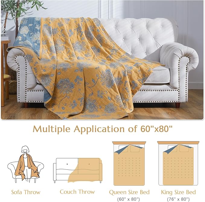 jinchan Boho 100% Cotton Muslin Twin Size 60x80 Inches Blanket Lightweight 4-Layer Quilted Soft Yellow and Blue Floral Throw Blanket Reversible Comfy Flower Breathable All Seasons Couch Bedroom Decor-Ruum Studio Home