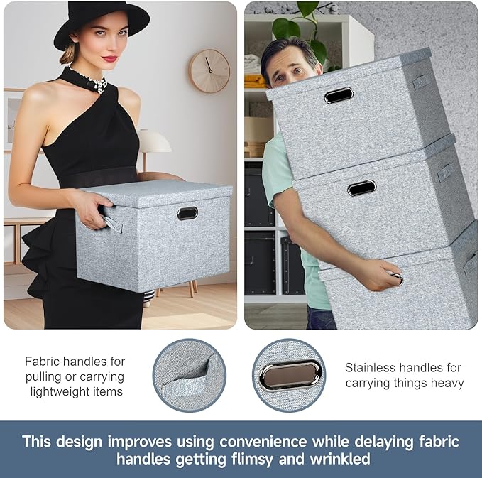 Large 17" 36 Quart Collapsible Stackable Storage Bins with Lids, 3 Packs Blue-Grey Linen Fabric Closet Boxes with Lids, Storage Cube Baskets Container Organizers for Bedroom (17x12x11)-Ruum Studio Home