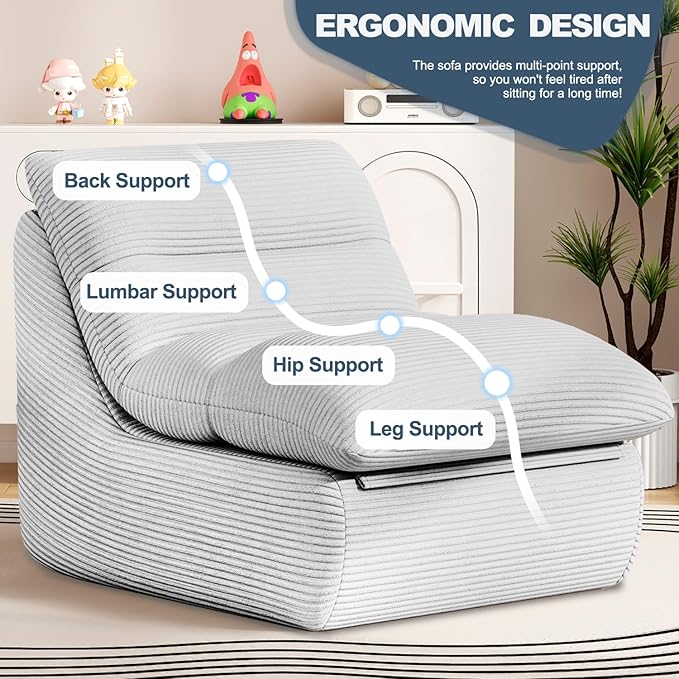 Misolant Bean Bag Chairs，Big Corduroy Fabric Sofa Bean Bag Chair for Adults and Teens with High-Resilience Sponge, Non-Slip Base Floor Lounge Sofa for Home, Living Room, Bedroom, Gaming Light Gray-Ruum Studio Home