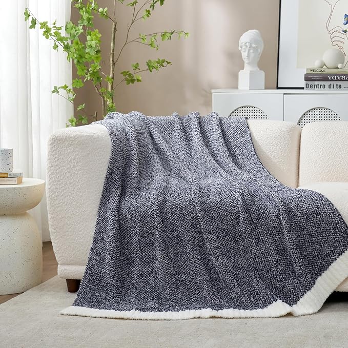 Snuggle Sac Navy Throw Blanket for Couch, Oversized Throw XL Super Soft Warm Blankets Cozy Knit Fuzzy Lightweight Throws for Sofa, Bed, Living Room, Heather Navy, 50x70 inches-Ruum Studio Home