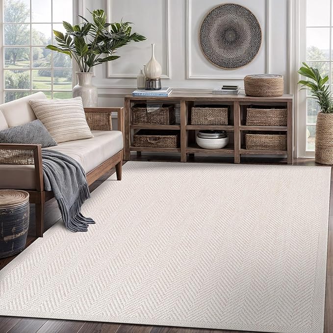 CAMILSON Easy Jute Rug 6x9, Indoor Outdoor Off-White Color Fiber Area Rugs for Living Room Patio and Bedroom Rug Herringbone Seagrass Woven Design Easy-Cleaning, Washable Outside Carpet Alfombras 6x9-Ruum Studio Home