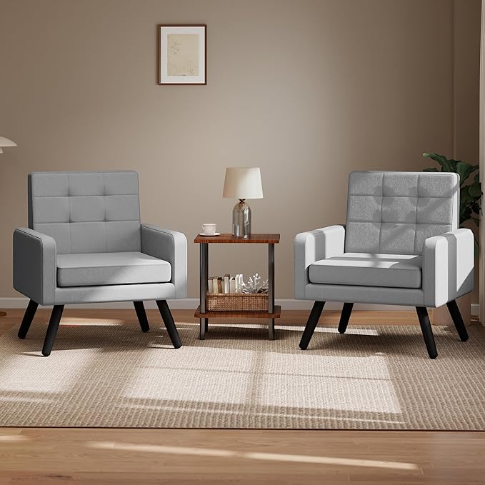 Kromax Mid-Century Modern Accent Chair Set of 2 for Living Room, 496 Lb. Weight Capacity, Dual Armrests, Comfy Extra Large Seat, Timeless Style Perfect for Reading & Relaxing, Light Grey-Ruum Studio Home