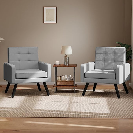 Kromax Mid-Century Modern Accent Chair Set of 2 for Living Room, 496 Lb. Weight Capacity, Dual Armrests, Comfy Extra Large Seat, Timeless Style Perfect for Reading & Relaxing, Light Grey-Ruum Studio Home
