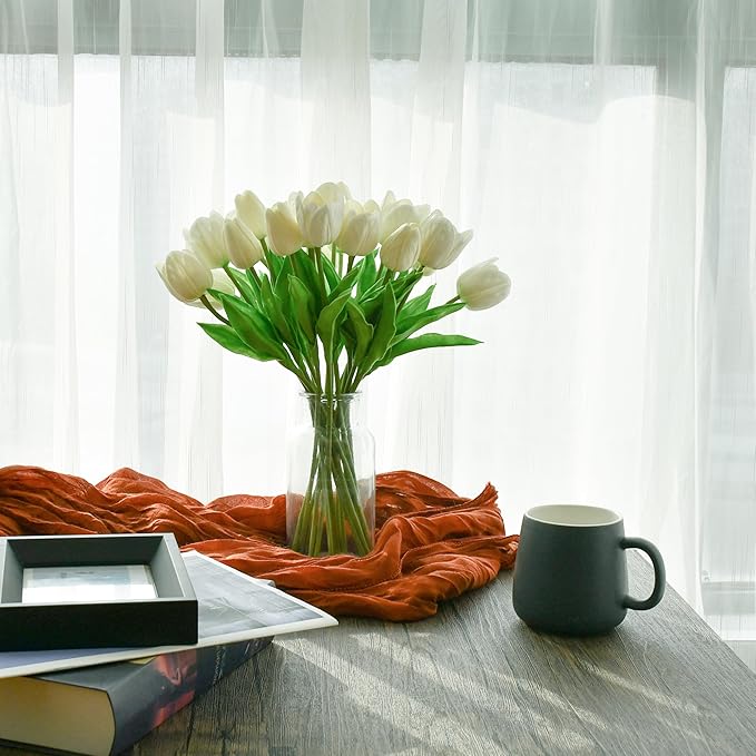 Mandy's Artificial Tulips 12 Stems White PU Faux Flowers for Wedding Home Decor 13.5 Inch-Ruum Studio Home