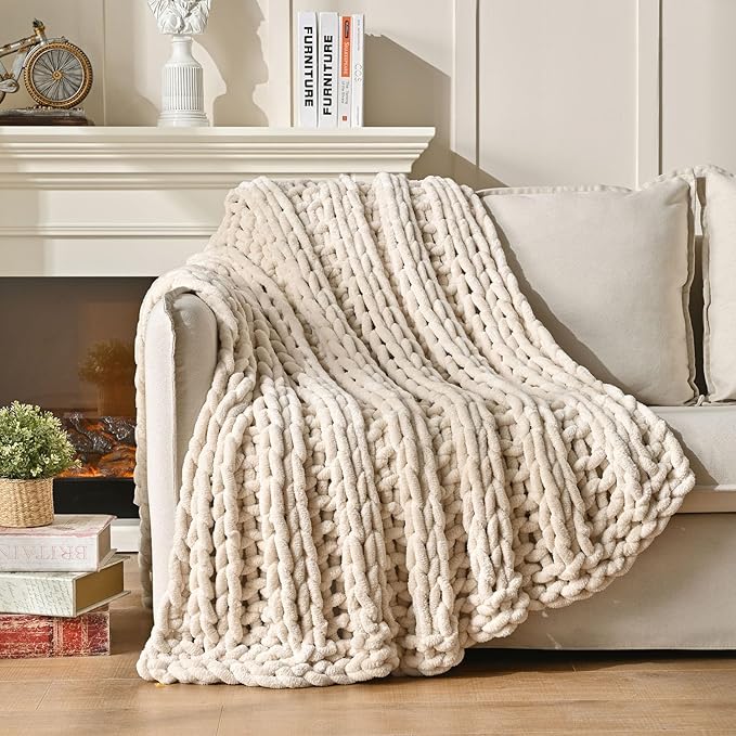 Esterra Chunky Knit Blanket Throw, 100% Handmade Chenille Throw Blanket 40"x50", Soft Thick Yarn Cable Knit Crochet Throw Blanket Rope Knot Throw for Couch Bed Sofa, Apricot White-Ruum Studio Home