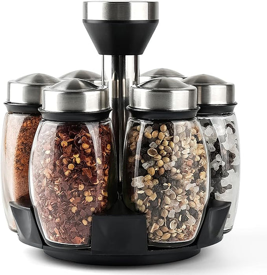 Mlici 6PC Spinning Glass Spice Jars - 360° Rotating Spice Rack Organizer with Jars, Stainless Steel Revolving Seasoning Holder Jars for Countertop Cabinet Kitchen Spices Cruets-Ruum Studio Home