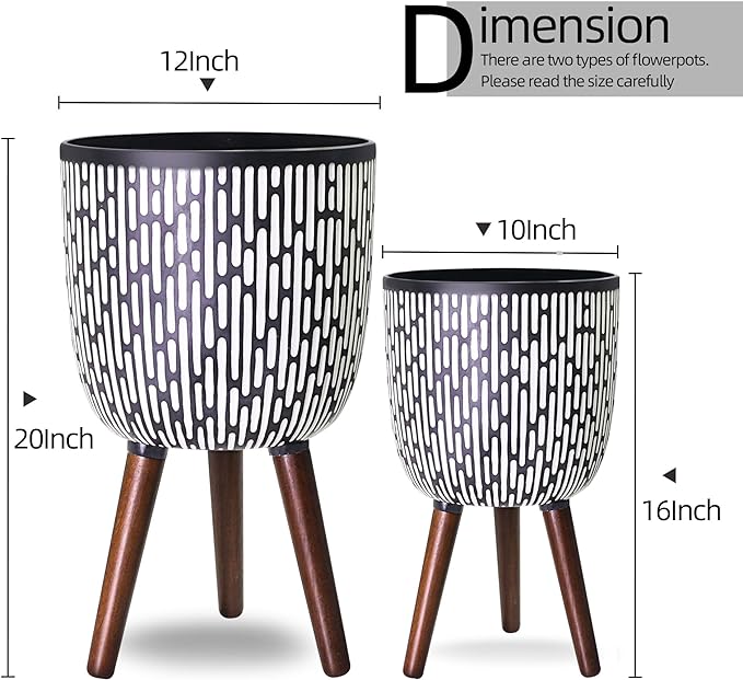 2 Set Plant Pot with Stand 10 & 12 inches, Mid-Century Large Planter with Legs for Indoor Plants, Boho Print Standing Plant Pot with Drainage Plug for Monstera, Herb, Succulent Flower Pot-Ruum Studio Home