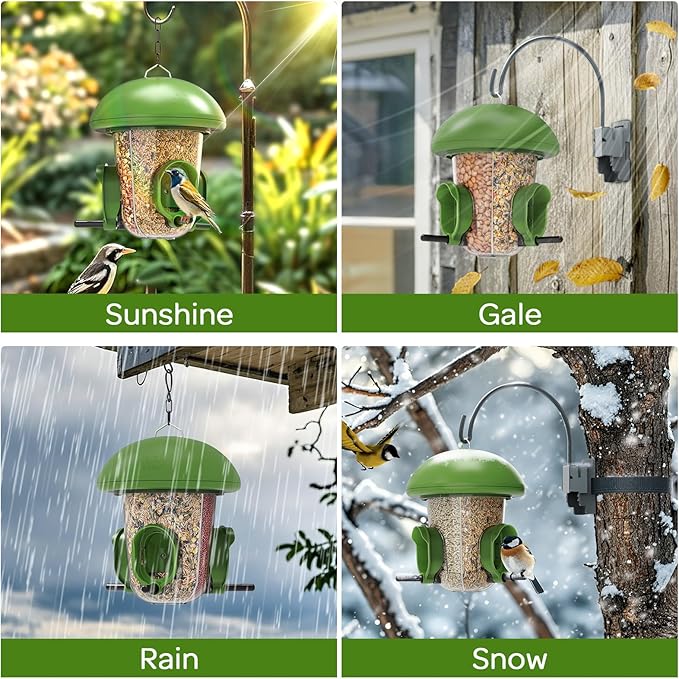 LONA Bird Feeders for Outdoors Hanging – 3 Separate Compartments, 3 Feeding Ports, Weatherproof Dome & 3 Ways to Hang, Large Capacity for Cardinals/Finches (Green-Ruum Studio Home