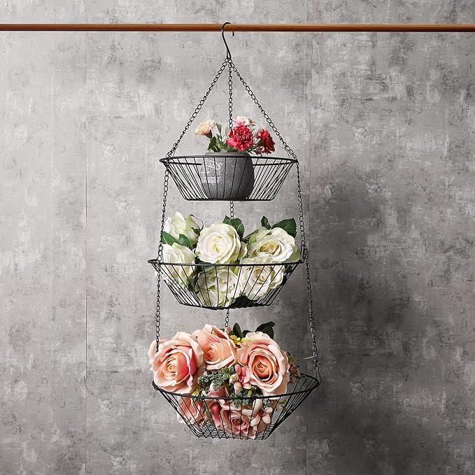 3-Tier Wire Fruit Hanging Basket 2 Packs,non-Punching Wall Hanging Storage,Kitchen Bathroom Organization Basket,Suitable for Bathroom,Kitchen,Closet,Garden,Black-Ruum Studio Home