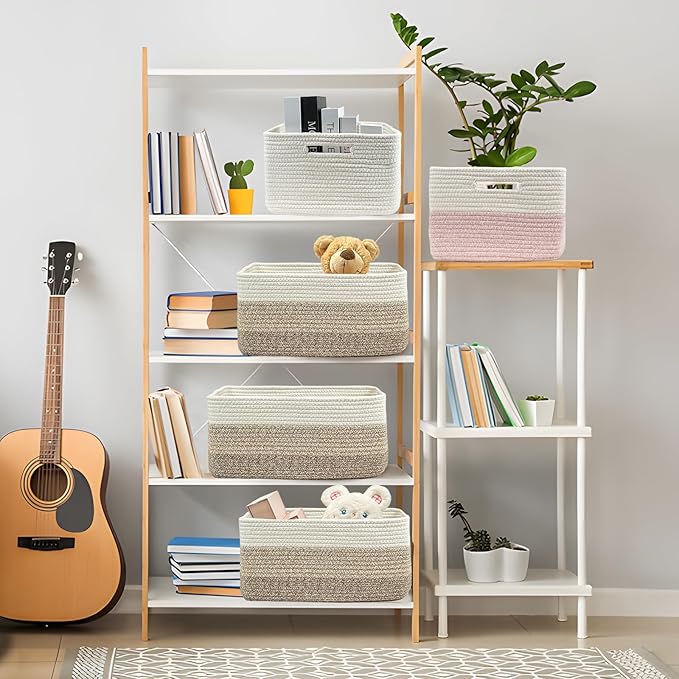 COMFY-HOMI Cotton Rope Woven Basket with Handles for Shelves,Toys,Book, Cloth Storage Baskets for Organizing-17" x 13" x 7.5" Toy Decorative Organizer for Living Room, Bathroom （white/3 brown）-Ruum Studio Home