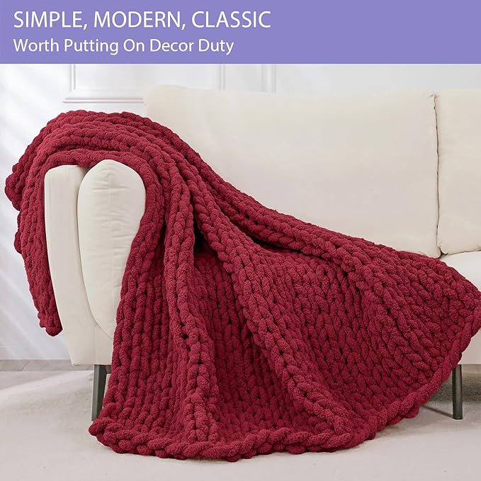 Bigacogo Chunky Knit Throw Blanket for Couch, 51x63 inches, 100% Hand Knitted with Thick Jumbo Chenille Yarn, Cozy Soft Large Rope Knot Cable Crochet Blankets for Sofa Bed Living Room, Red-Ruum Studio Home