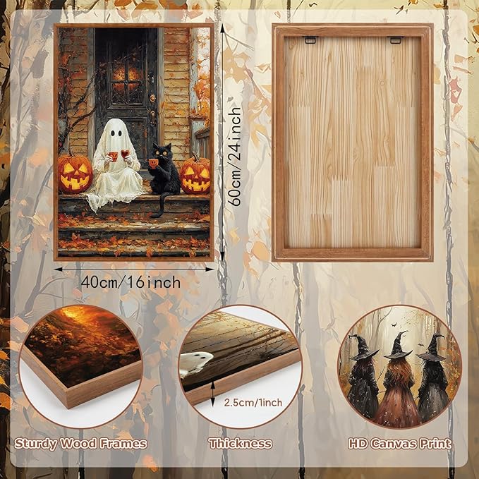 HLNIUC Framed Halloween Canvas Wall Art,Dark Witch Crow Raven Prints,Black Cat Decor,Horror Gothic Ghost Pictures Set of 3 (16"X24") Scary Pumpkin Wall Decor for Party Living Room Bedroom Decoration-Ruum Studio Home