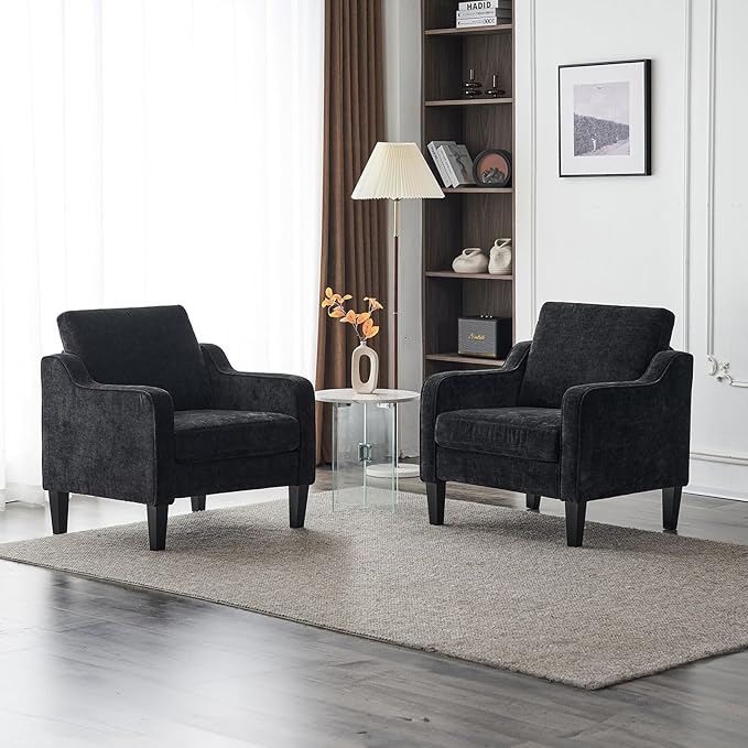 VINGLI Mid Century Modern Accent Chairs, Black Soft Chenille Reading Chair Upholstered Armchair Side Chairs Sofa Couches for Living Room, Bedroom, Apartment-Ruum Studio Home