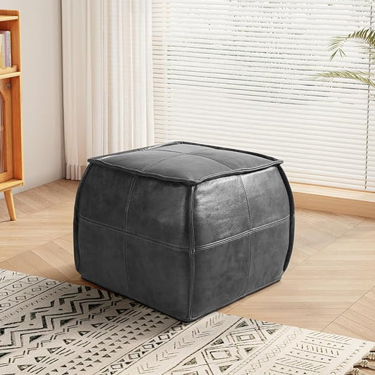 Leather Ottoman,Handmade Stuffed Square Ottoman,Genuine Leather Pouf, Foot Rest Pouf,Comfortable Soft Seating for Living Room & Bedroom (Grey, Square)-Ruum Studio Home