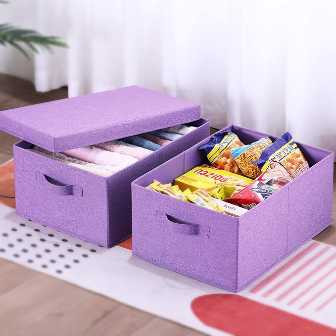 HOONEX Foldable Storage Bins with Lids, Pack of 2, Storage Boxes with 2 Carrying Handles and Sturdy Heavy Cardboard, 16.5" L x 11.8" W x 7.5" H for Shoes, Books, Clothes, Purple-Ruum Studio Home