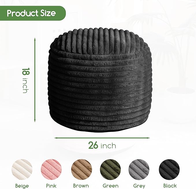 HIGOGOGO Round Stuffed Pouf Ottoman, Stripe Faux Fur Poufs with Foam Chunk Filling, Furry and Fluffy Pouf Foot Stool Storage Ottoman, 26 X 18 Floor Poufs Foot Rest for Living Room, Black-Ruum Studio Home