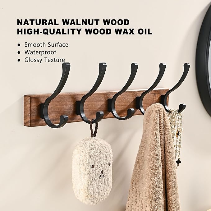 17.3" Small Wooden Coat Rack Wall Mount with 5 Hooks, Entryway Wall Hooks Coat Hanger for Hanging Towel Jacket Clothes Hat Backpack Shoe Purse Key Holder Multi Hook Rail by Black Walnut Wood-Ruum Studio Home