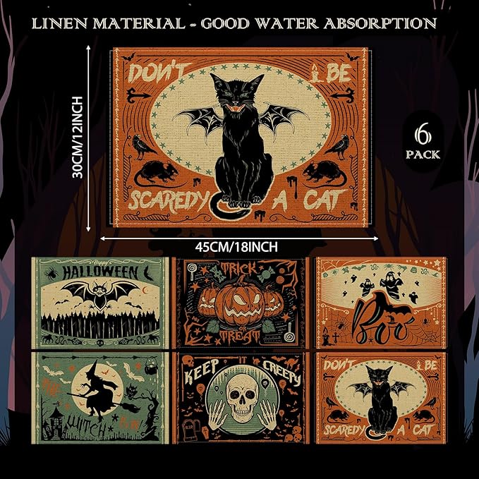 Umigy 6 Pcs Halloween Placemats 12"x18" Gothic Bat Placemats Kitchen Decoration Washable Witch Place Mats Rectangle Skull Table Mats for Halloween Dining Table Accessories(Scary)-Ruum Studio Home