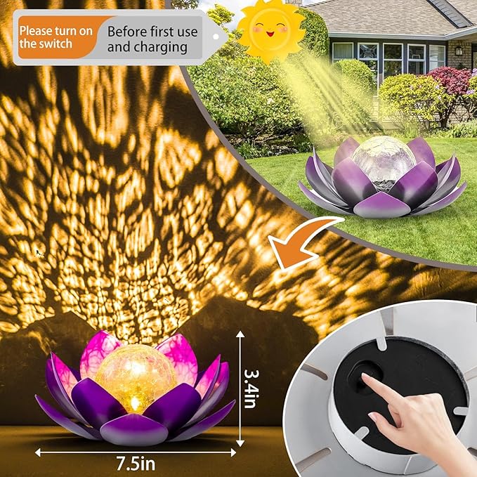 Solar Light Outdoor(2Pack), Art Crackle Globe Glass Lotus Decoration, Solar LED Waterproof Purple Metal Flower Lights for Patio,Lawn,Walkway,Tabletop-Ruum Studio Home
