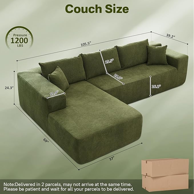 104" Cloud Sectional Couches for Living Room,L Shaped Boneless Couch in A Box,Sleeper Sofa with Comfy Chaise No Assembly Required,Green-Ruum Studio Home