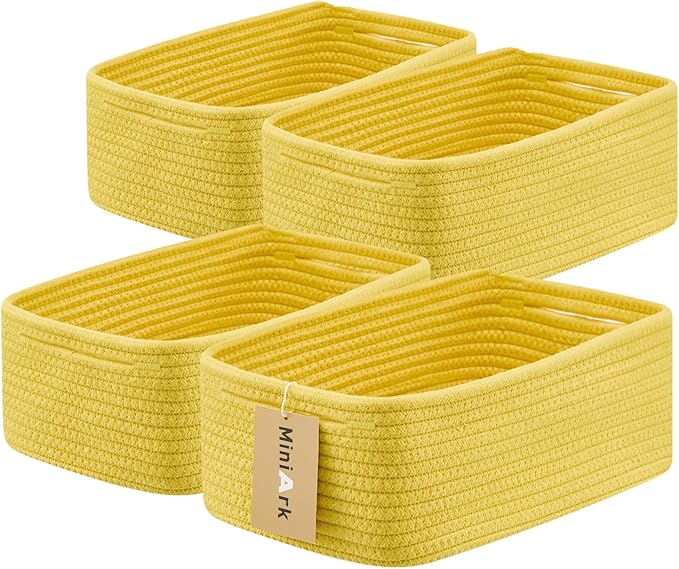Small Storage Baskets for Organizing | Closet Organizer Bins | Shelf Toy Basket | Woven Rope Baskets | Cube Decorative Box | Shallow Basket | 13x8.5x5.1” | 4 Packs Yellow-Ruum Studio Home