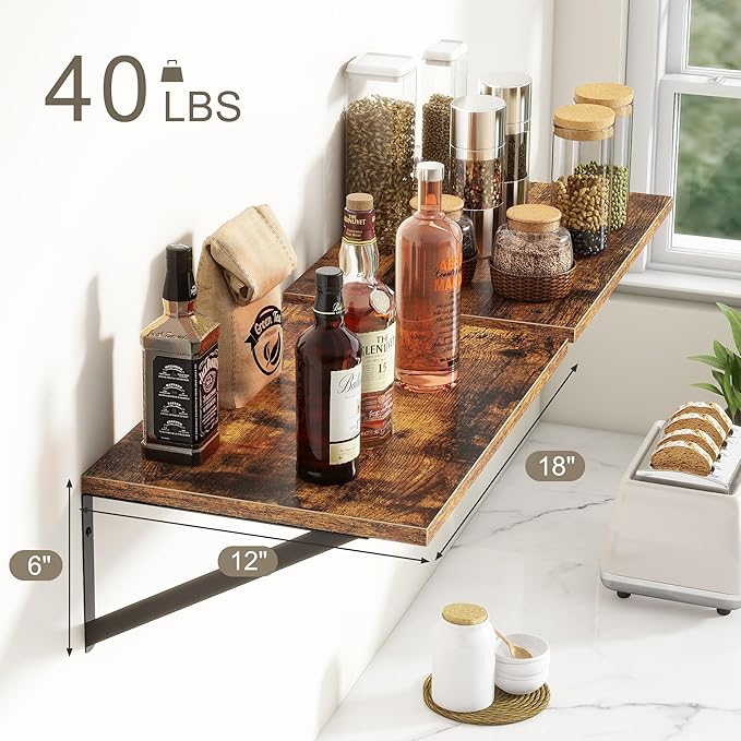 18"W x12"D Floating Shelves, Farmhouse Wall Shelves Home Decor Shelf, Deep Bathroom Shelf with Bracket, 12 Inch Deep Wall Shelves for Living Room, Kitchen, Bedroom, Rustic Brown, Set of 2-Ruum Studio Home