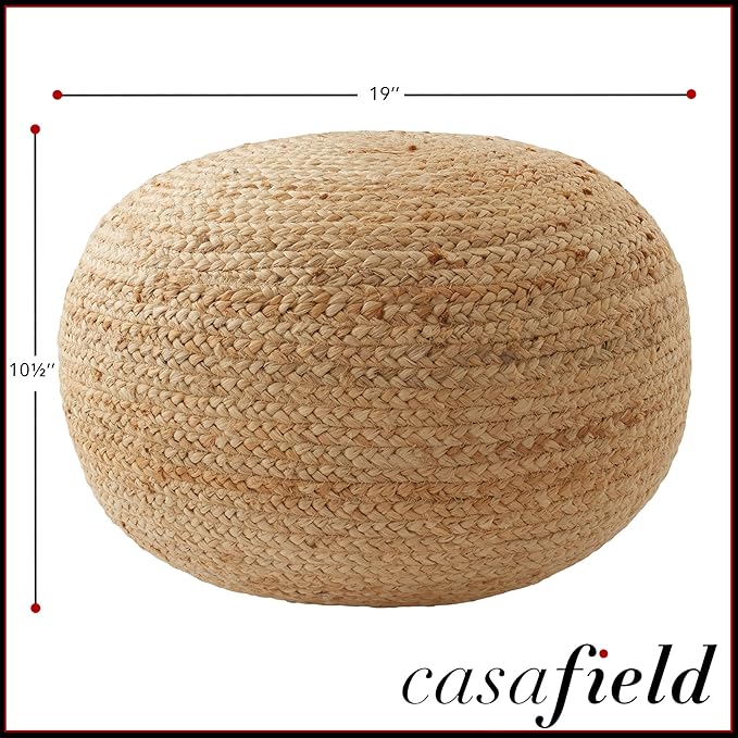 Casafield Hand-Braided Jute Pouf Ottoman Footrest, 19" Round x 10-1/2" High, Natural Woven Boho Floor Cushion, Home Decor for Living Room, Bedroom, Apartment-Ruum Studio Home