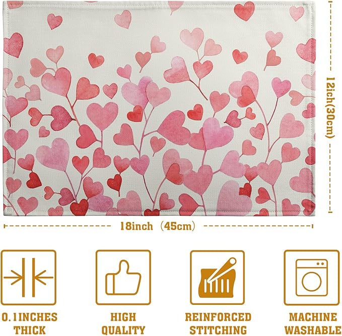 Pink Love Heart Valentine's Day Placemats Set of 4 Valentine Seasonal Holiday Linen Table Mats 12x18 Inch Anniversary Wedding Sweet Romantic Place Mats for Party Kitchen Dining Outdoor Indoor Decor-Ruum Studio Home