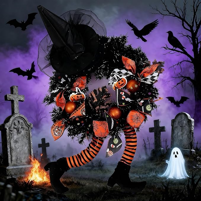 Happy Halloween Wreath for Front Door Decoration with Skeleton Artificial Bone Orange Ornaments Maple Leaf for Party Decor (Halloween Orange)-Ruum Studio Home