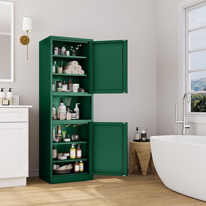 Tall Narrow Storage Cabinet 66.93" H Tall Bathroom Cabinet Metal Pantry Cabinets, 4 Adjustable Shelves for Kitchen, Home Office, Living Room, Dinning Room (20 inches Wide Green)-Ruum Studio Home