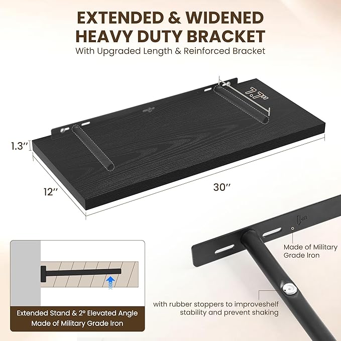 30" Floating Shelves for Wall, 12" Deep Slim Black Floating Shelves, Wall-Mounted Shelves for Bedroom, Living Room, Kitchen, Bathroom - Set of 2-Ruum Studio Home