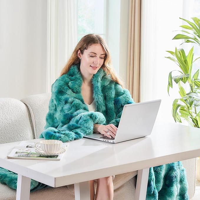 Lotus Karen Faux Fur Throw Blanket Tie-Dye Green - Big Bubble Rabbit Fluff Blanket for Couch,Small Fluffy Fuzzy Cozy Blanket,Thick Furry Plush Shaggy Blankets,60x80 Inches-Ruum Studio Home