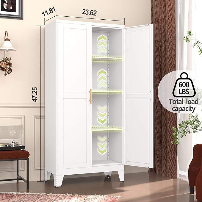 Metal Pantry Cabinet, Kitchen Pantry Storage Cabinets with 2 Door and 3 Adjustable Shelves, White Kitchen Pantry Cabinet, Freestanding Cupboard for Dining Room Living Room Bathroom-Ruum Studio Home