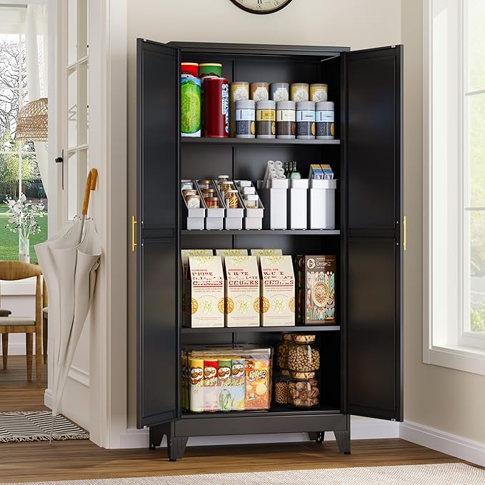 Metal Storage Cabinet With 2 Doors and 3 Adjustable Shelves, Black Kitchen Pantry for Food, Utility Cabinet for Laundry Room, Cupboard-Ruum Studio Home