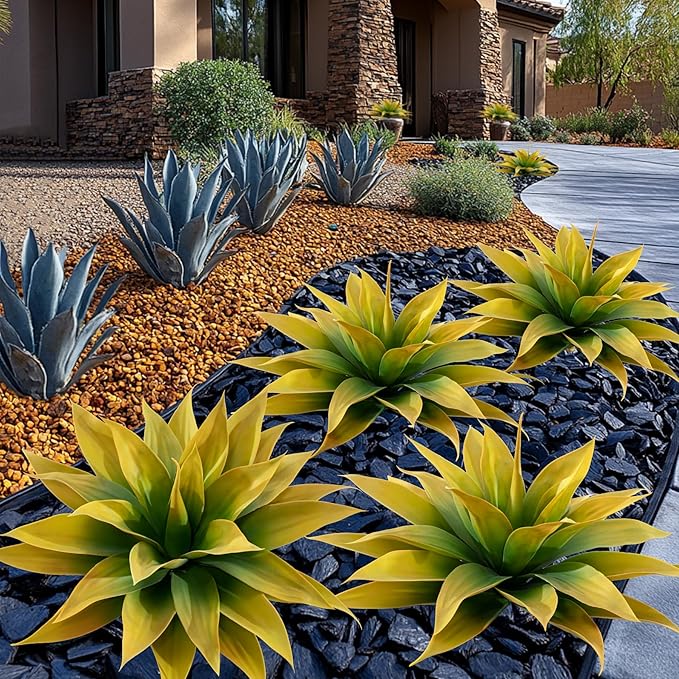 Artificial Plants Outdoor Faux Plant,Artificial Agave Faux Hostas Outdoor Uv Resistant Artificial Plants Indoor Fake Plant Artificial Agave Plant Indoor(2pcs, 28") Yellow-Ruum Studio Home