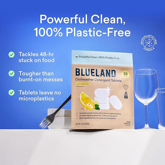 BLUELAND 100% Plastic-Free Dishwasher Detergent Tablets, Starter Set, 60 Count with Tin, Lemon Zest Eco Friendly Dishwashing Pods, Natural, Sustainable-Ruum Studio Home