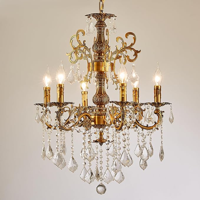 Vintage 6 Arms Crystal Chandelier Candle Light Fixture for Dining Room Living Room Bedroom Hallway Entryway Antique Gold Finish (23"-6 Lights)-Ruum Studio Home