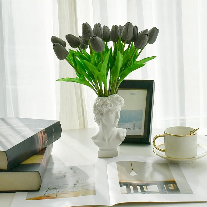 Mandy's Artificial Tulips 20 Stems Dark Grey PU Faux Flowers for Wedding Home Decor 13.5 Inch-Ruum Studio Home