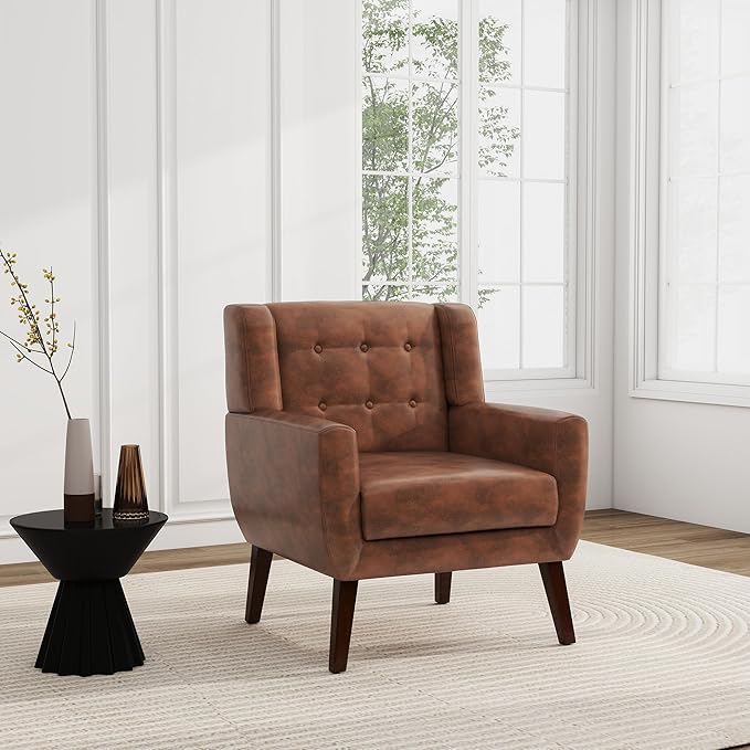 UIXE Faux Leather Accent Chair, Morden Upholstered Armchair for Living Room, Button Tufted Arm Chair Comfy Single Sofa Bedroom Side Reading Seat - Coffee-Ruum Studio Home