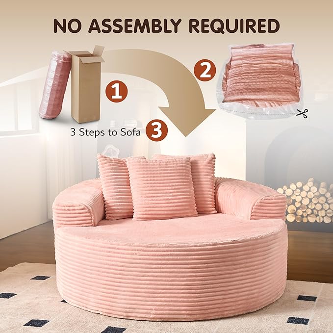ovios 58" Oversized Round Chair Lounge Chaise Indoor, No Assembly Required, Cloud Large Circle Chair with Plush Fuax Fur, Fluffy Modern Sleeper Sofa Bed for Reading Yoga, Pink (Plush Corduroy Fabric)-Ruum Studio Home