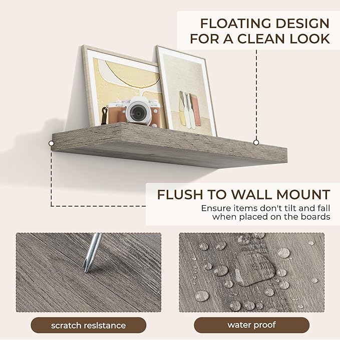 RICHFOCUS 31.5Inch Floating Shelves for Wall 2 Pack Shelves for Bedroom|Kitchen|Bathroom Wall Mounted Rustic Wood Floating Shelf with Invisible Brackets for Books|Storage|Decor, Grey-Ruum Studio Home